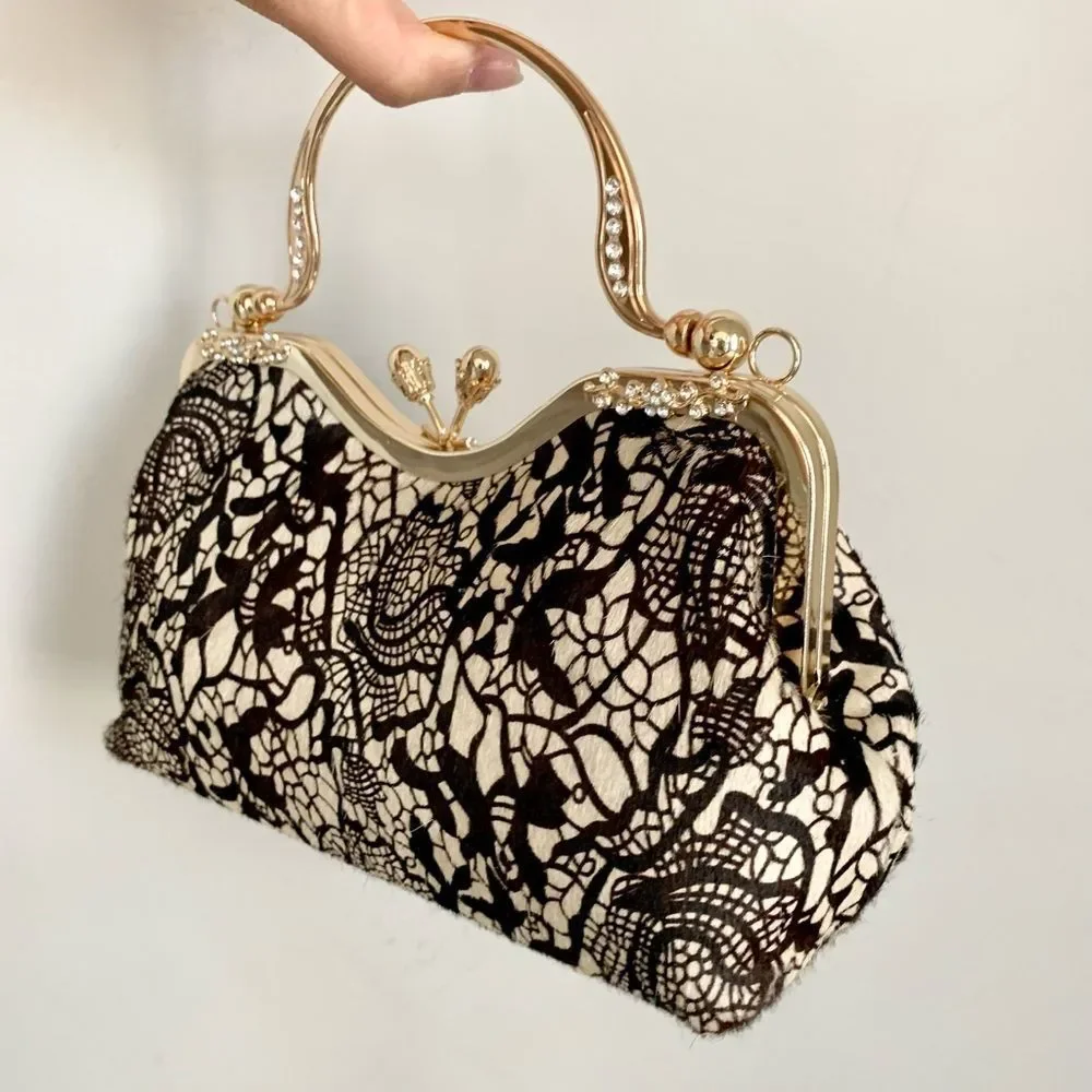 Handmade Real hair-on-horsehide Black Lace Print Kisslock Clutch/Crossbody - Picture 7 of 16